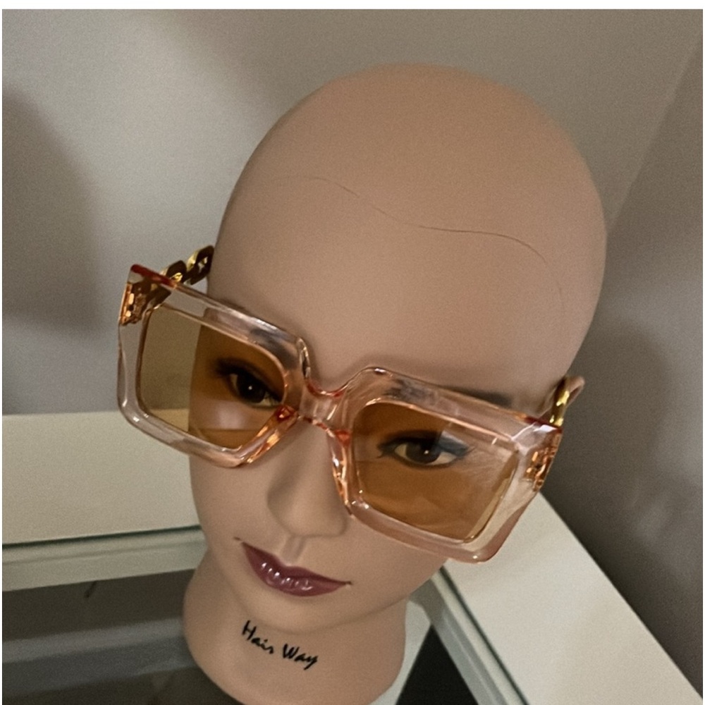 Oversized Peach Square Sunglasses w/ Gold Chain Arms & Case